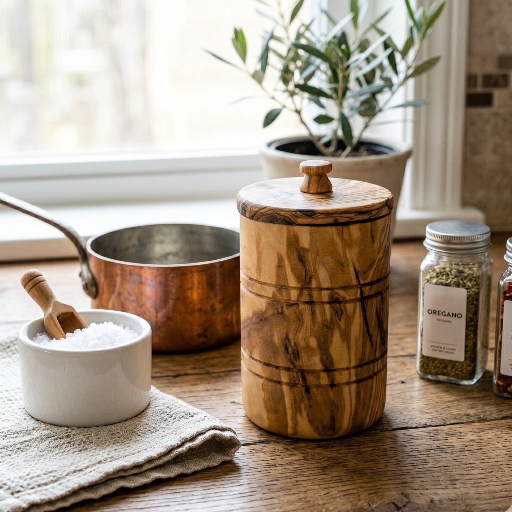 Olive Wood Spice Jar Salt Keeper w/Lid