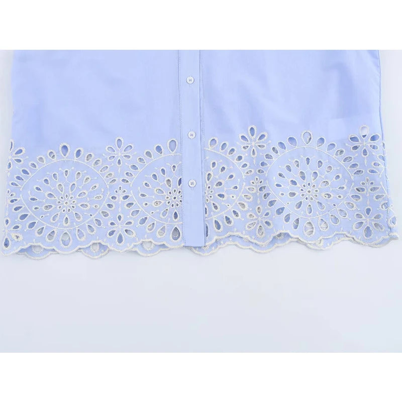 YENKYE Spring 2025 Women Hollow Out Embroidery Blue Shirt Front Button Lapel Collar Loose Blouse Streetwear Blusas Mujer