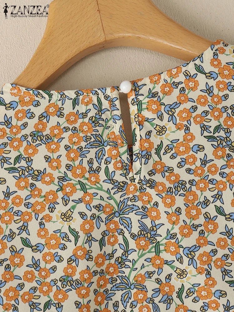 2025 Summer Floral Print Blouses ZANZEA Women Bohemain Shirts O-Neck Short Puff Sleeve Work Blusas Stylish Casual Holiday Tops