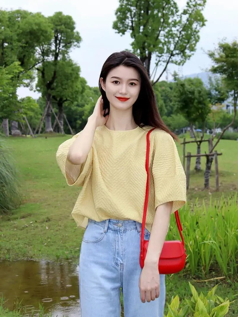 Elegant Pretty Blouse Tender Style Sweet Short Sleeves Exquisite Top High Grade Yellow Round Neck Shirt Women Summer