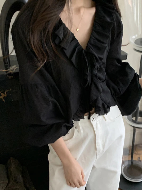 Loose Women's irt V-Ne Ties Long Sve Faionable Anti-Uv Lace Trim Super Fairy White Summer Commute Sle Pure Color