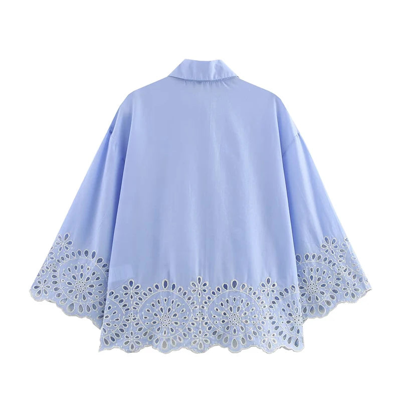 YENKYE Spring 2025 Women Hollow Out Embroidery Blue Shirt Front Button Lapel Collar Loose Blouse Streetwear Blusas Mujer