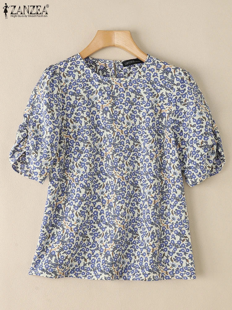 2025 Summer Floral Print Blouses ZANZEA Women Bohemain Shirts O-Neck Short Puff Sleeve Work Blusas Stylish Casual Holiday Tops