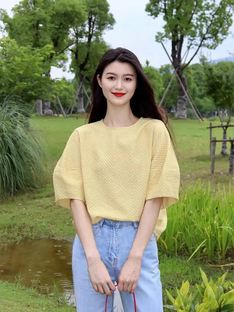 Elegant Pretty Blouse Tender Style Sweet Short Sleeves Exquisite Top High Grade Yellow Round Neck Shirt Women Summer