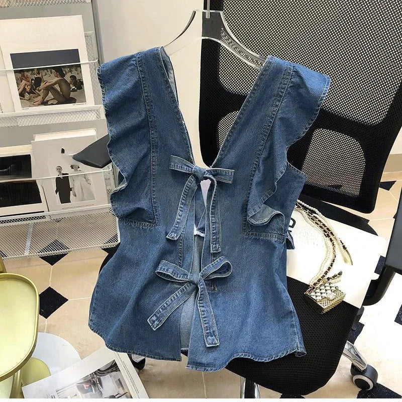 French Chic Y2k Vest Shirts V Neck Sleeveless Ruffles Backless Lace Up Denim Blouses Summer 2000s Harajuku Design Girl Clothing