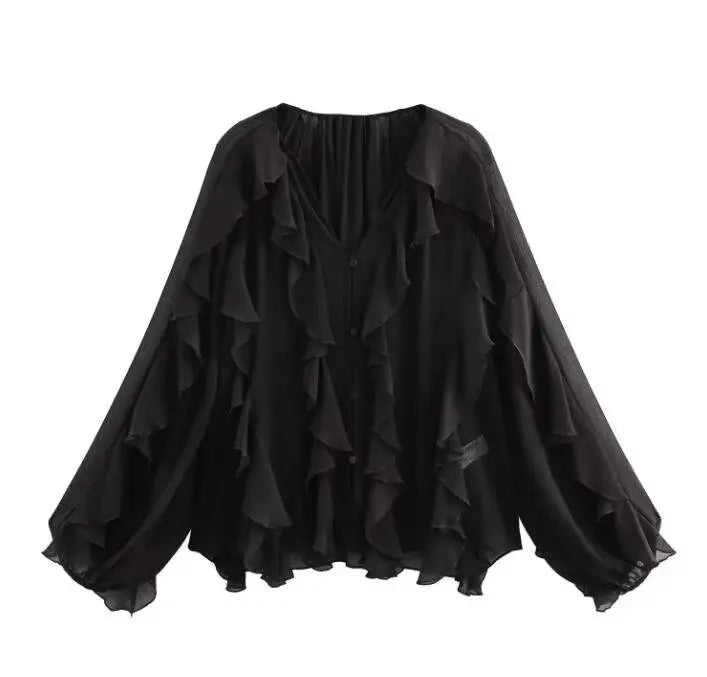 HH 2025 Spring Women Elegant V-Neck Blouse Single-Breasted Women Long Sleeves Laminated Decorative Solid 2-color Shirt