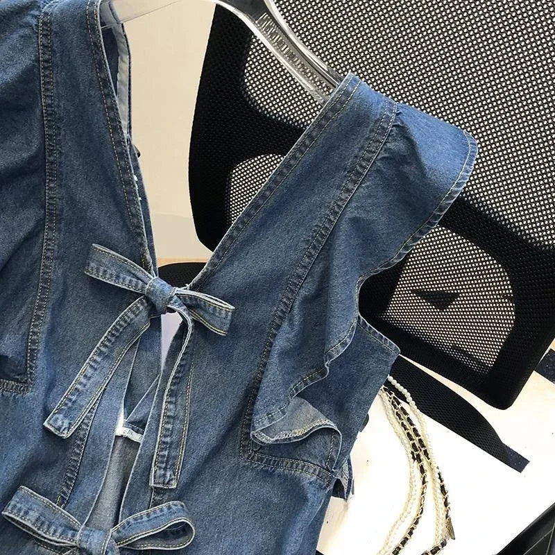 French Chic Y2k Vest Shirts V Neck Sleeveless Ruffles Backless Lace Up Denim Blouses Summer 2000s Harajuku Design Girl Clothing