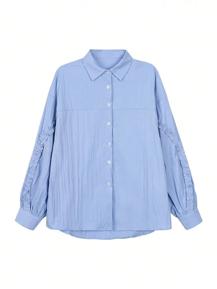 New Elegant Blue Lace trim on Sleeve Button Shirt Loose Long Sleeve Blouses Korean Popular Women's Clothes Large Size Top Autumn
