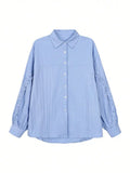 New Elegant Blue Lace trim on Sleeve Button Shirt Loose Long Sleeve Blouses Korean Popular Women's Clothes Large Size Top Autumn