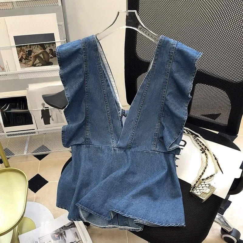 French Chic Y2k Vest Shirts V Neck Sleeveless Ruffles Backless Lace Up Denim Blouses Summer 2000s Harajuku Design Girl Clothing
