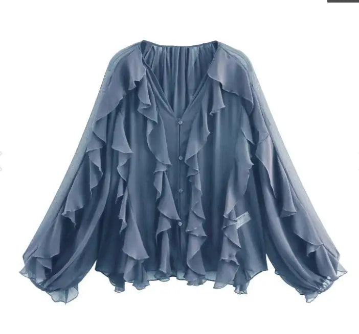 HH 2025 Spring Women Elegant V-Neck Blouse Single-Breasted Women Long Sleeves Laminated Decorative Solid 2-color Shirt