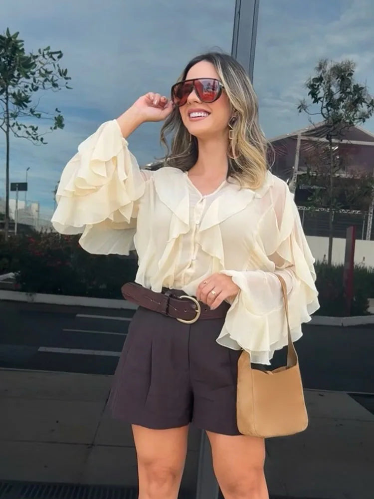 HH 2025 Spring Women Elegant V-Neck Blouse Single-Breasted Women Long Sleeves Laminated Decorative Solid 2-color Shirt