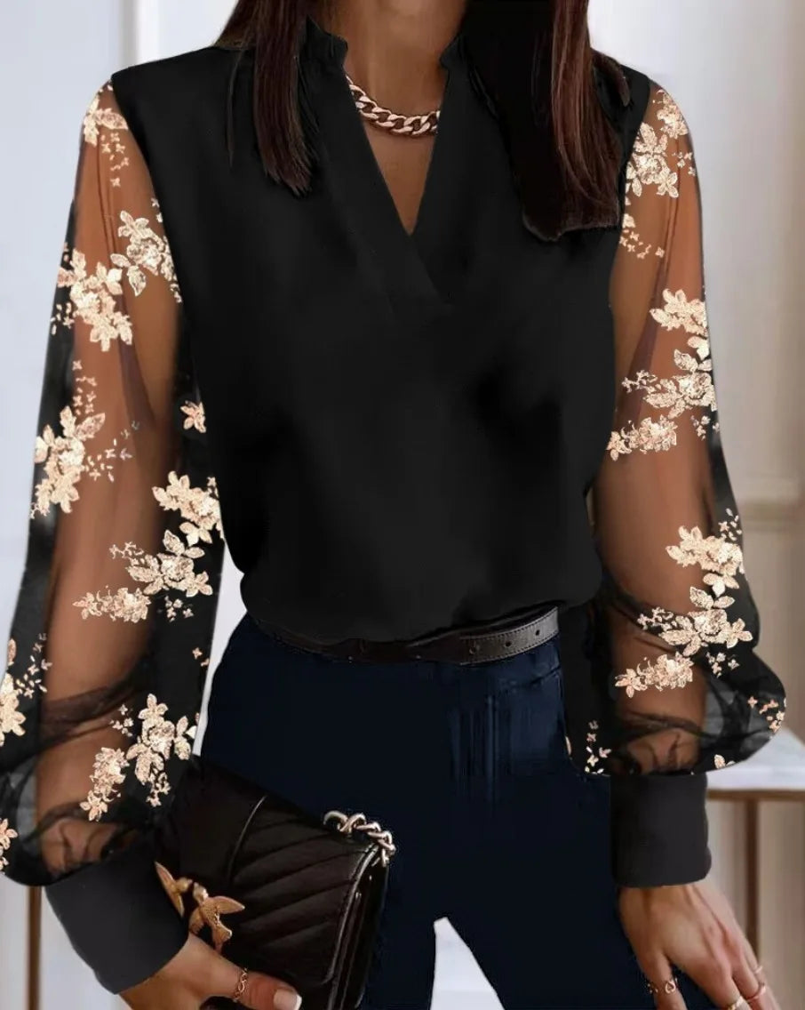 Sexy V Neck Long Lantern Sleeve Hollow Out Lace Floral Embroidery Loose OL Workwear Blouse Shirts SZE-ST23362