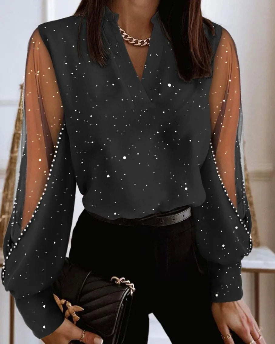 Sexy V Neck Long Lantern Sleeve Hollow Out Lace Floral Embroidery Loose OL Workwear Blouse Shirts SZE-ST23362