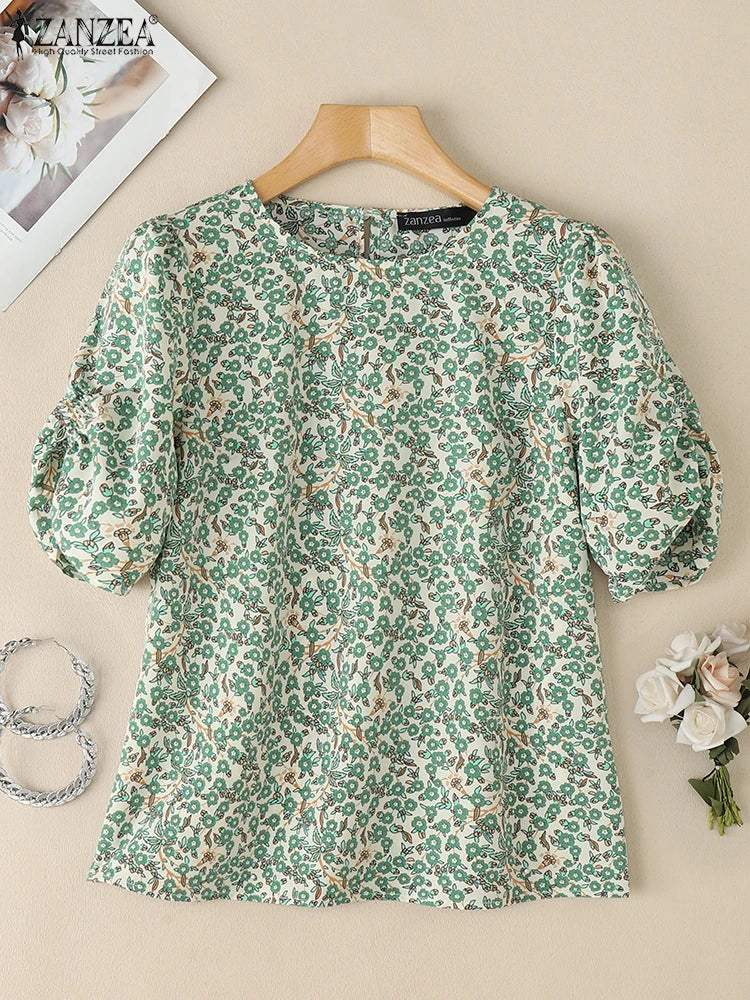 2025 Summer Floral Print Blouses ZANZEA Women Bohemain Shirts O-Neck Short Puff Sleeve Work Blusas Stylish Casual Holiday Tops