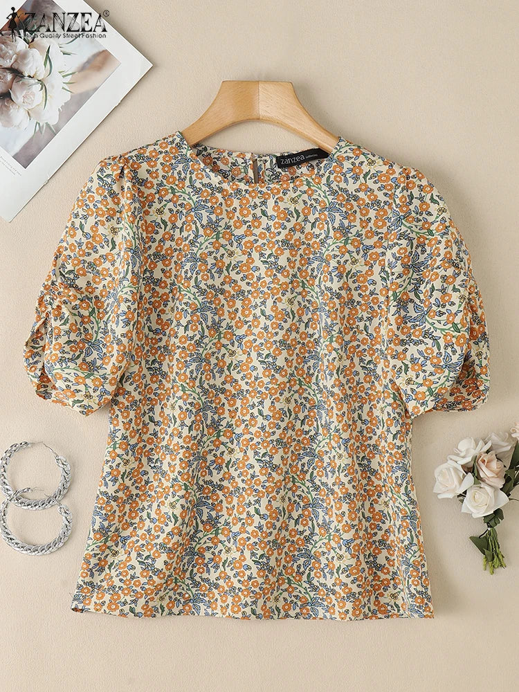 2025 Summer Floral Print Blouses ZANZEA Women Bohemain Shirts O-Neck Short Puff Sleeve Work Blusas Stylish Casual Holiday Tops