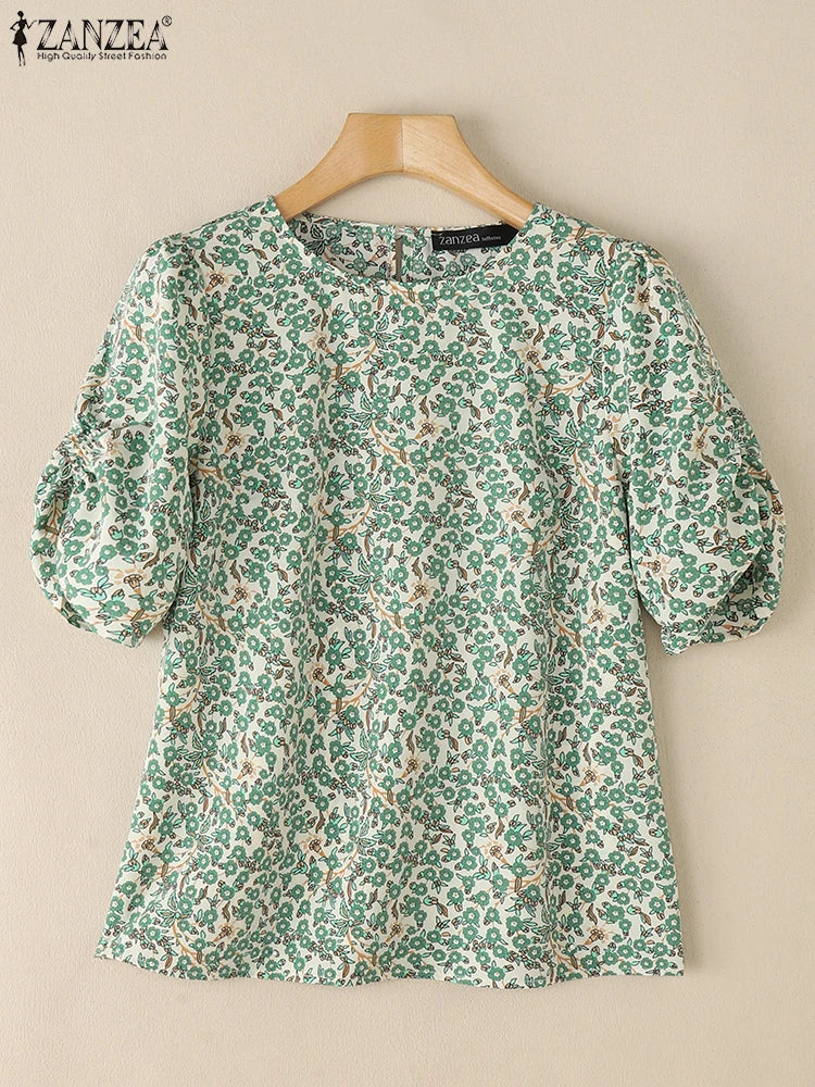 2025 Summer Floral Print Blouses ZANZEA Women Bohemain Shirts O-Neck Short Puff Sleeve Work Blusas Stylish Casual Holiday Tops