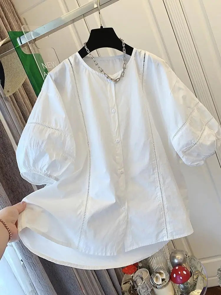 2025 Summer New Sweet Round Neck Solid Color Short-Sleeved Shirt Women Temperament Stitching Design Shirt Chic Top