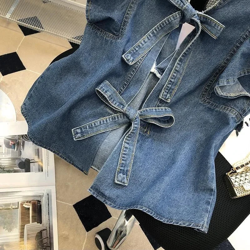 French Chic Y2k Vest Shirts V Neck Sleeveless Ruffles Backless Lace Up Denim Blouses Summer 2000s Harajuku Design Girl Clothing
