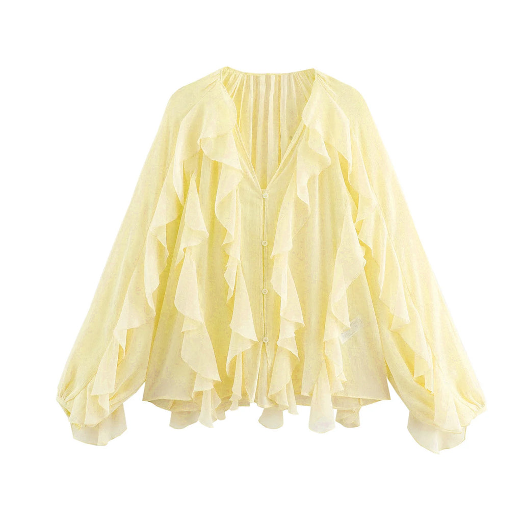 HH 2025 Spring Women Elegant V-Neck Blouse Single-Breasted Women Long Sleeves Laminated Decorative Solid 2-color Shirt
