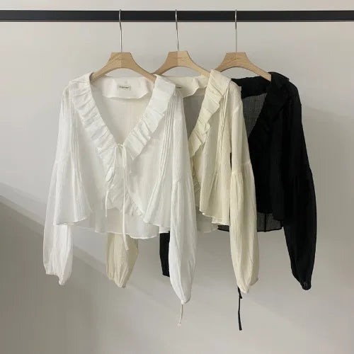 Loose Women's irt V-Ne Ties Long Sve Faionable Anti-Uv Lace Trim Super Fairy White Summer Commute Sle Pure Color