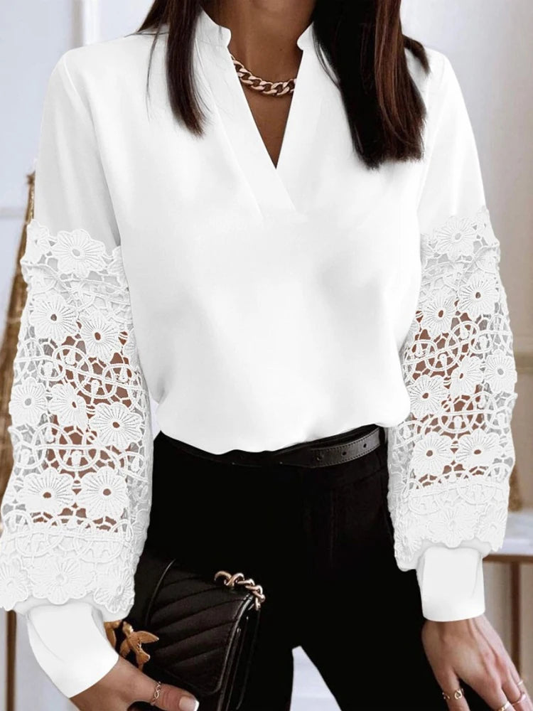 Sexy V Neck Long Lantern Sleeve Hollow Out Lace Floral Embroidery Loose OL Workwear Blouse Shirts SZE-ST23362