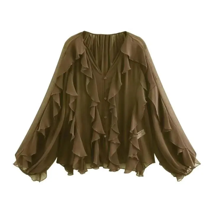 HH 2025 Spring Women Elegant V-Neck Blouse Single-Breasted Women Long Sleeves Laminated Decorative Solid 2-color Shirt