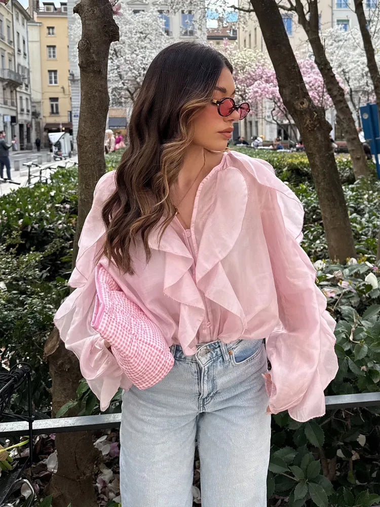 HH 2025 Spring Women Elegant V-Neck Blouse Single-Breasted Women Long Sleeves Laminated Decorative Solid 2-color Shirt