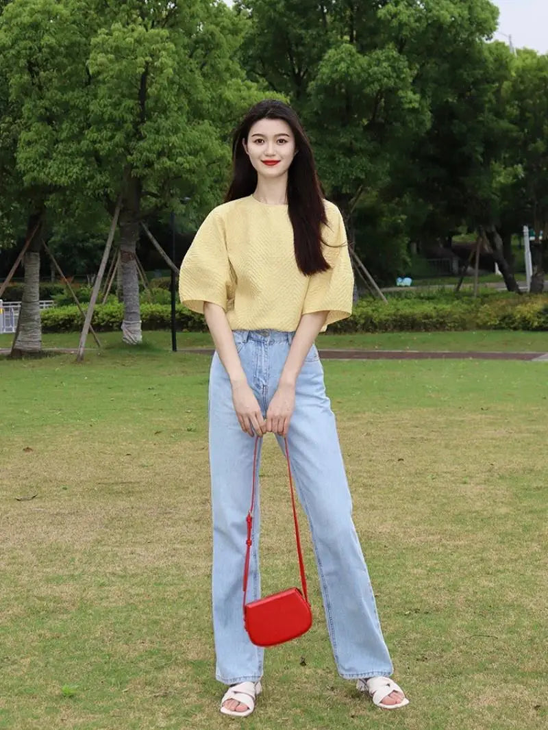 Elegant Pretty Blouse Tender Style Sweet Short Sleeves Exquisite Top High Grade Yellow Round Neck Shirt Women Summer