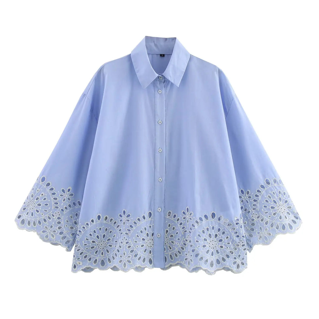 YENKYE Spring 2025 Women Hollow Out Embroidery Blue Shirt Front Button Lapel Collar Loose Blouse Streetwear Blusas Mujer