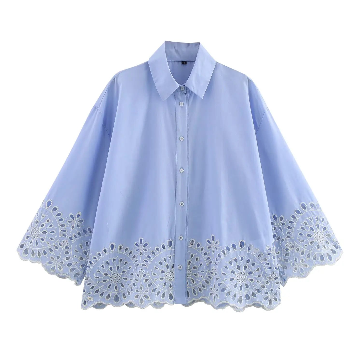 YENKYE Spring 2025 Women Hollow Out Embroidery Blue Shirt Front Button Lapel Collar Loose Blouse Streetwear Blusas Mujer
