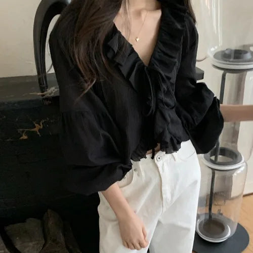 Loose Women's irt V-Ne Ties Long Sve Faionable Anti-Uv Lace Trim Super Fairy White Summer Commute Sle Pure Color
