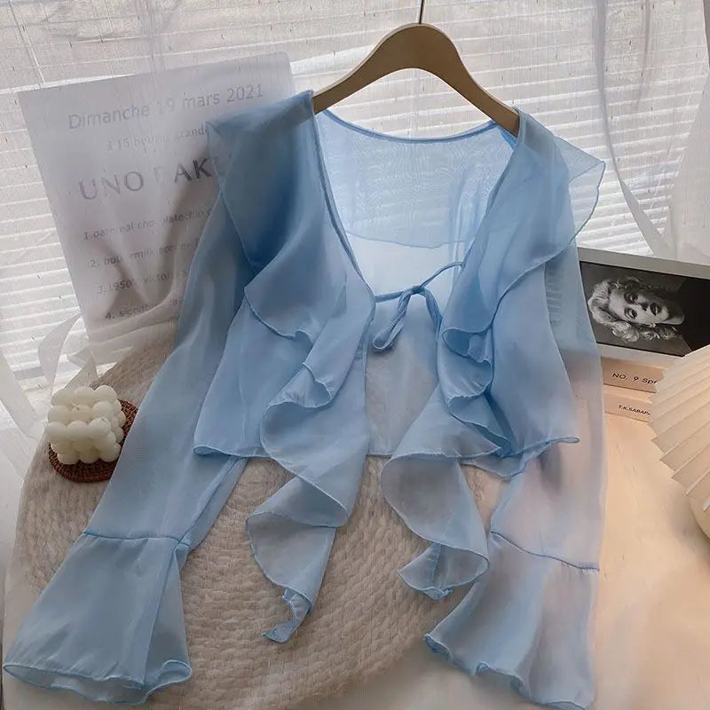 Ruffled Blouses Women Summer Sun-proof Thin Flare Sleeve Sweet Breathable Lace-up All-match Tender Japanese Style Temperament