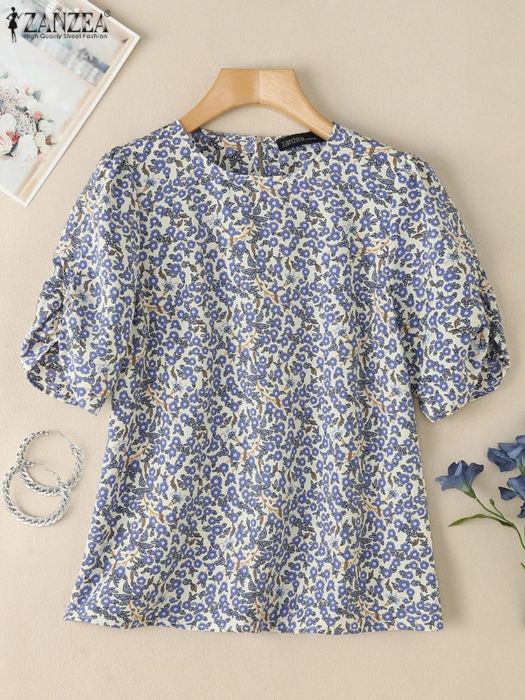 2025 Summer Floral Print Blouses ZANZEA Women Bohemain Shirts O-Neck Short Puff Sleeve Work Blusas Stylish Casual Holiday Tops
