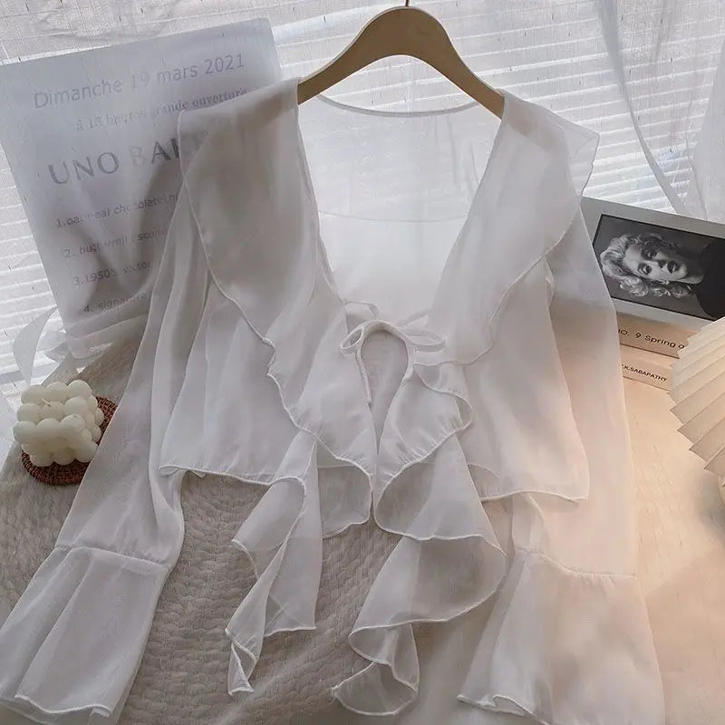 Ruffled Blouses Women Summer Sun-proof Thin Flare Sleeve Sweet Breathable Lace-up All-match Tender Japanese Style Temperament